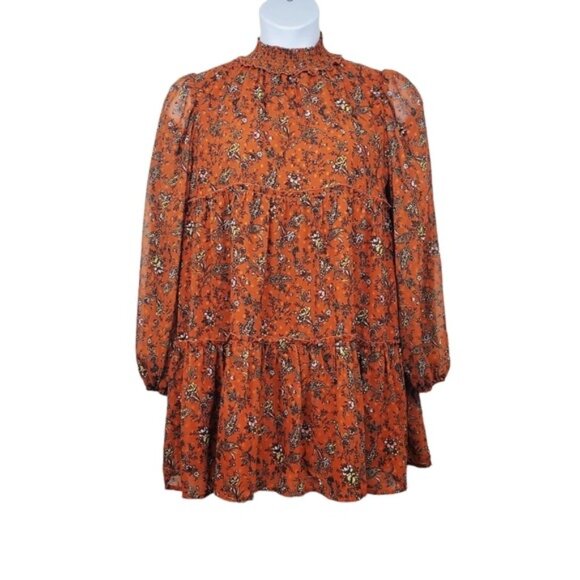 Forever 21 Womens Rust Dot Floral Print Chiffon Tiered Mini Dress Size M NWT - Picture 1 of 8